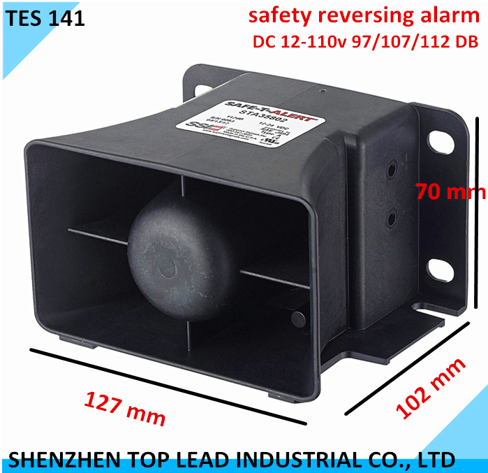 Heavy duty vehicle backup alarm unit showing dimensions and technical details