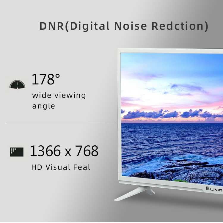 Close up of 32-inch LED TV screen showing viewing angle and resolution specs