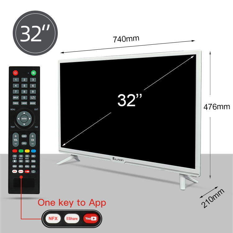 Diagram showing the physical dimensions of the 32-inch TV