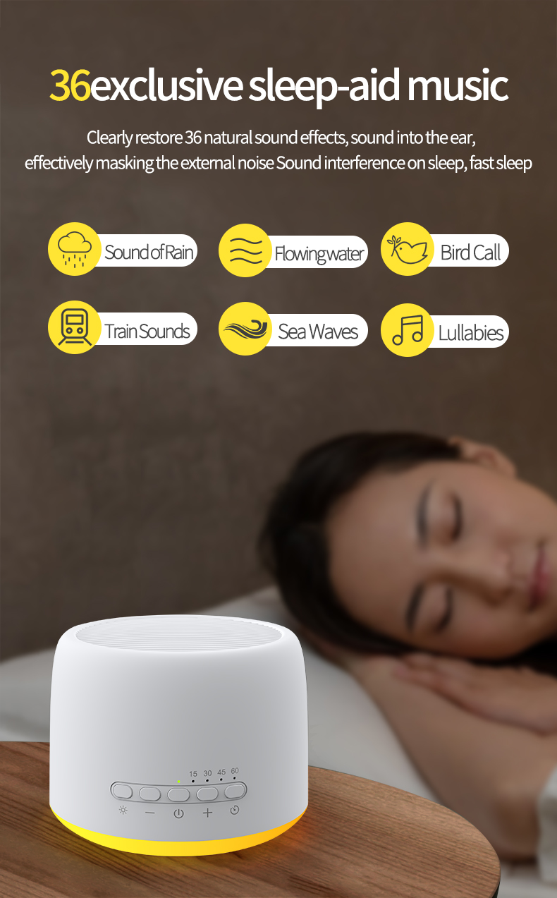 Infographic showing 36 sound options including rain, waves, and bird calls with timer controls.