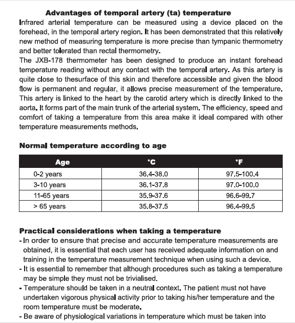 Infographic showing the advantages of temporal artery temperature measurement and normal temperature ranges.
