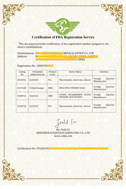 FDA Registration Service certification document for electronic clinical thermometers.