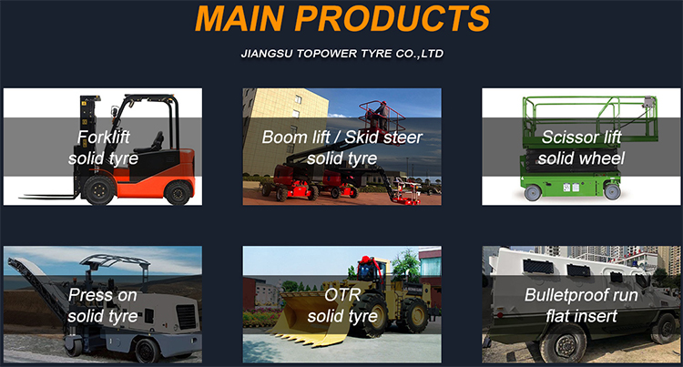 Variety of industrial solid tires including forklift and OTR options
