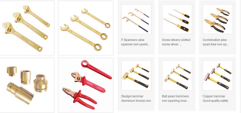 Comprehensive set of non-sparking hand tools including wrenches, screwdrivers, and hammers
