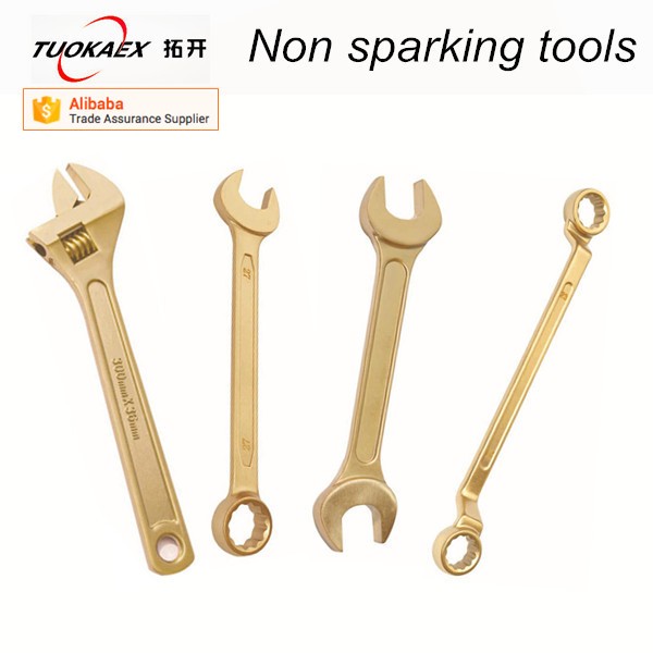 A set of non-sparking combination wrenches arranged for display.