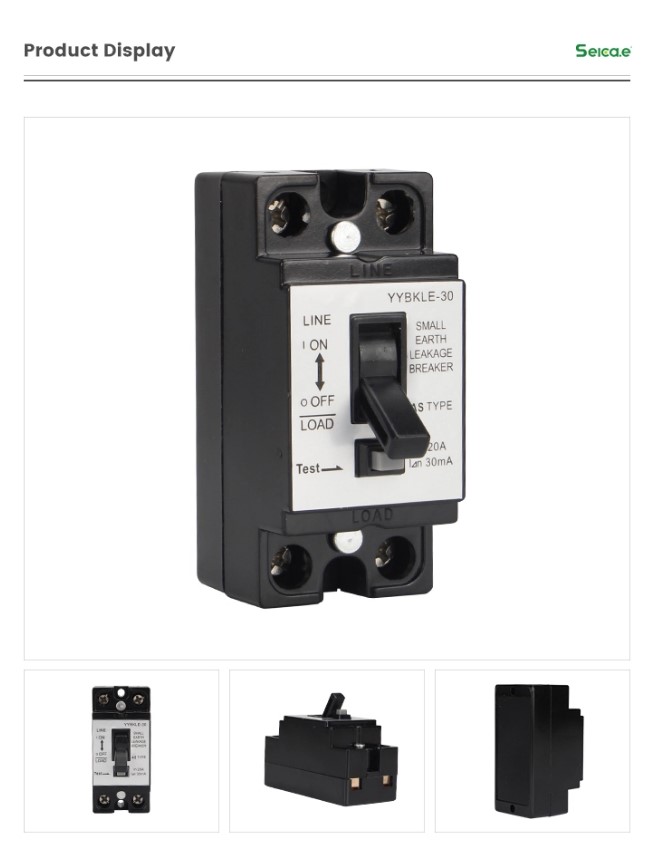 Close up view of the small earth leakage breaker with test button and status indicators