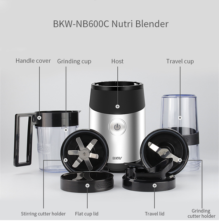Exploded view of the blender components including cups and lids