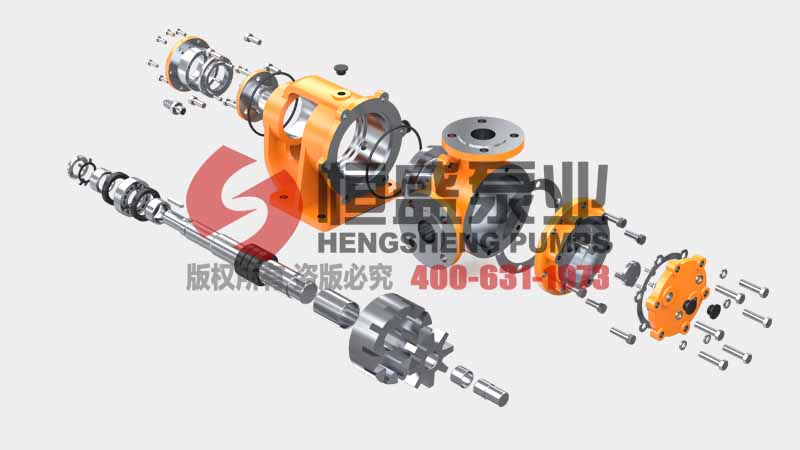 Exploded view of the internal gear pump showing internal rotor, idler gear, and casing