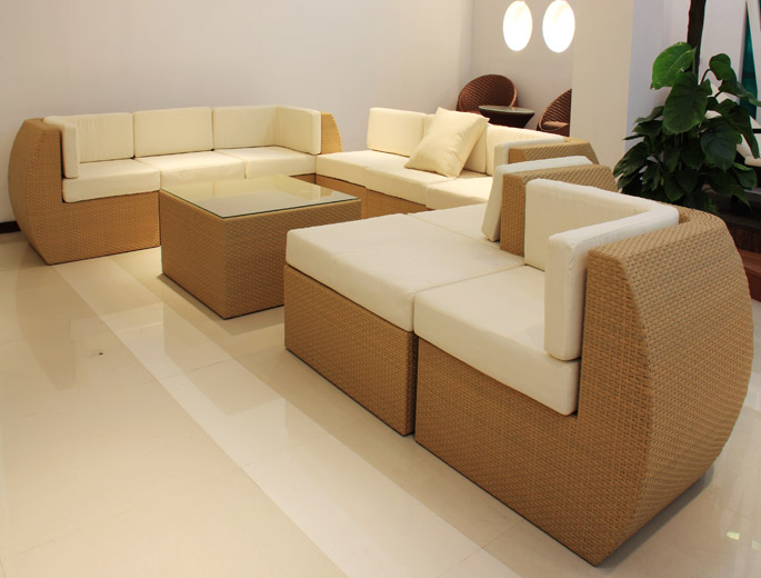 Wicker Outdoor Sectional Sofa Set with Glass-Top Table