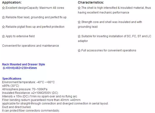 Technical diagram and specifications for rack-mounted fiber optic patch panel