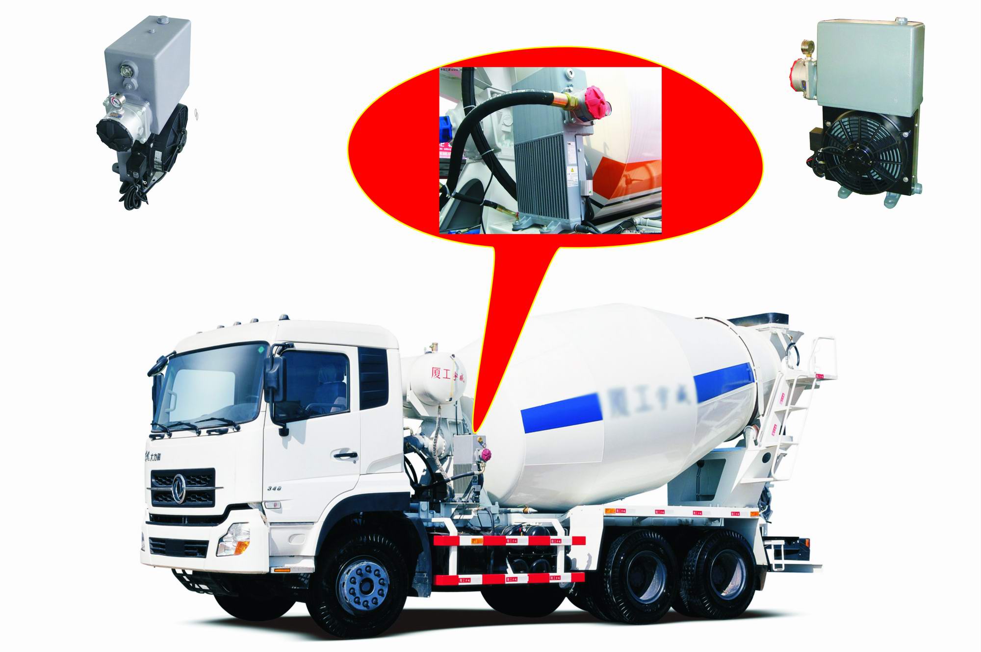 Concrete mixer truck oil cooler unit with fan and reservoir