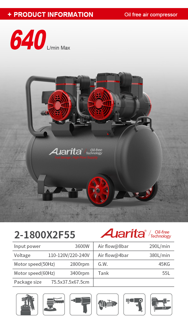 Technical specification infographic for the oil-free air compressor