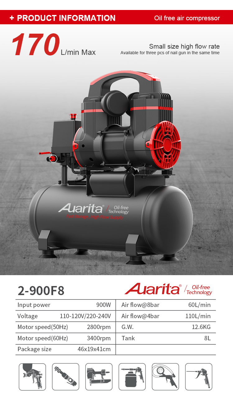 Oil-free air compressor unit showing technical specifications and performance data