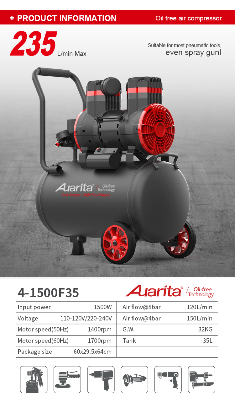 Oil-free air compressor showing technical specifications and pneumatic tool compatibility
