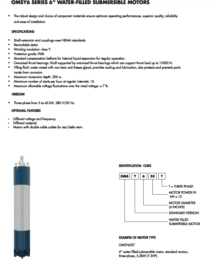 Technical diagram and specification summary for 6-inch water-filled submersible motor
