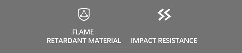 Icons representing flame retardant and impact resistant properties