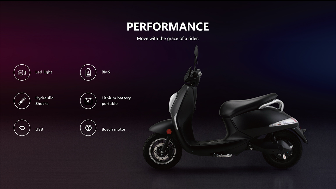 Close up of scooter features including hydraulic shocks and USB port