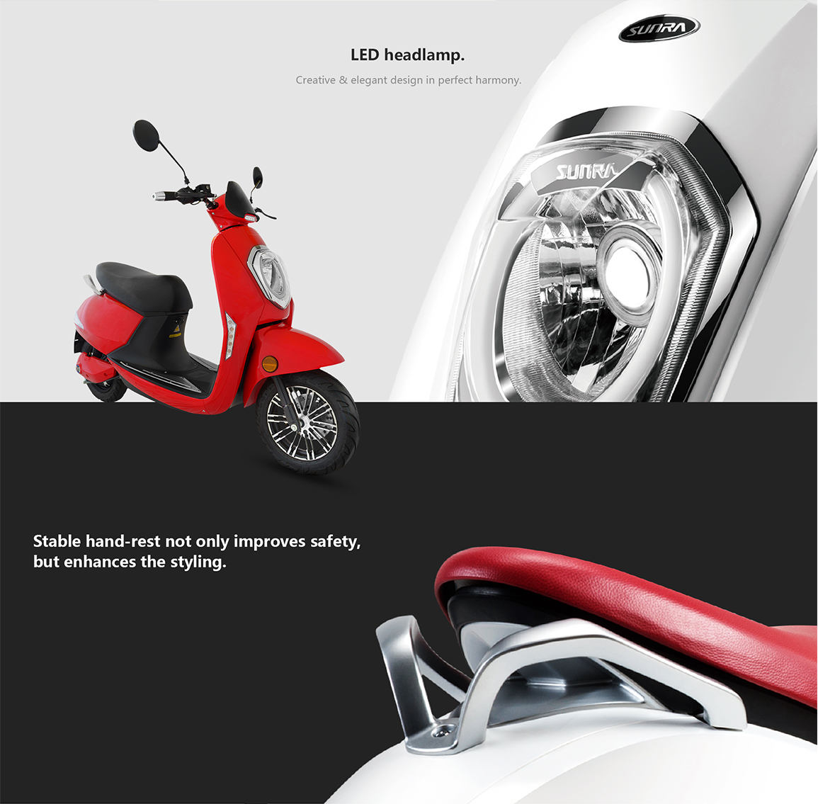 Sleek design of the electric scooter with LED headlamp
