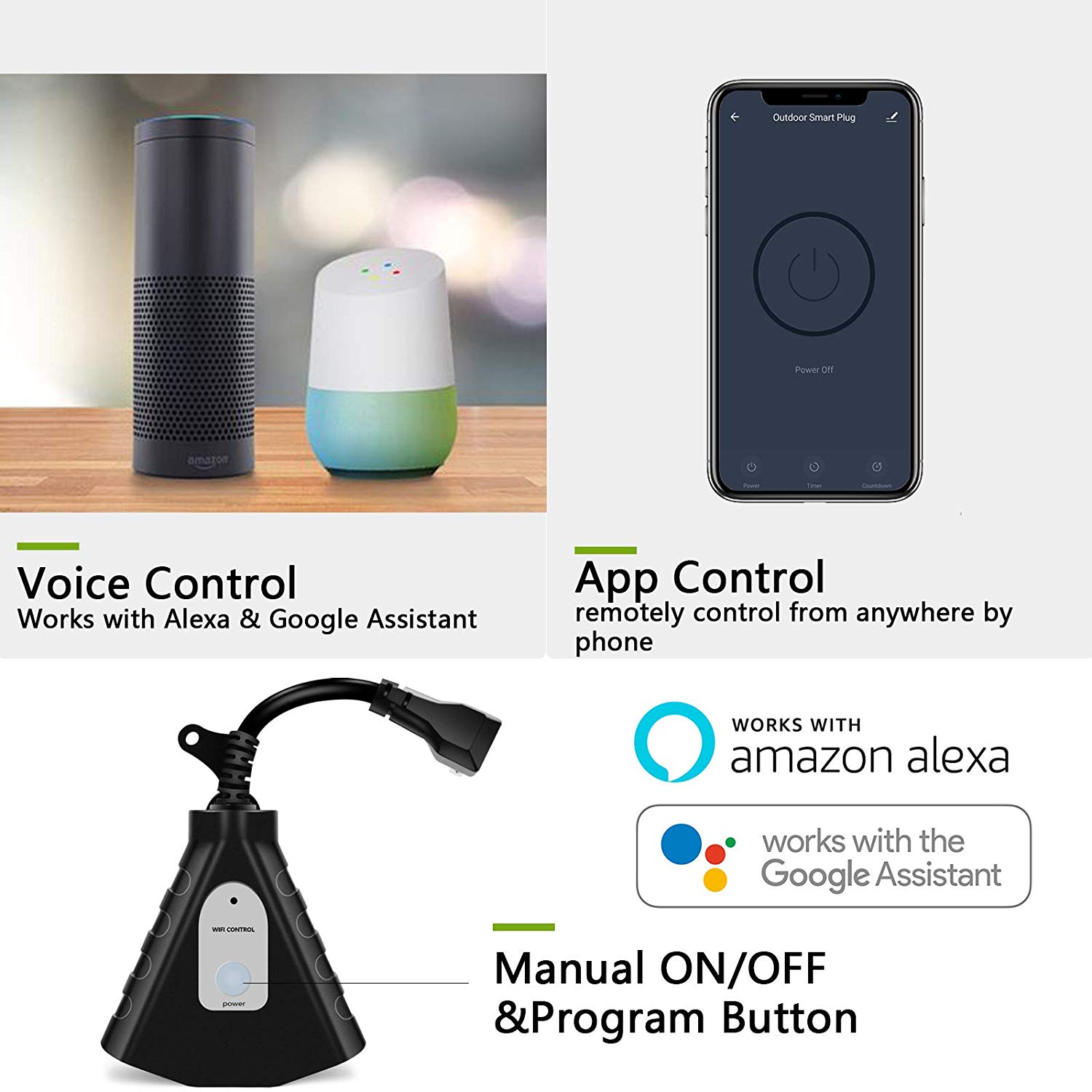 Outdoor WiFi Smart Outlet with Voice Control