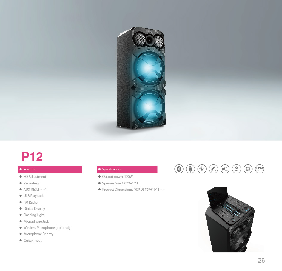 120W Portable Party Speaker with EQ, Recording, and Light Effects