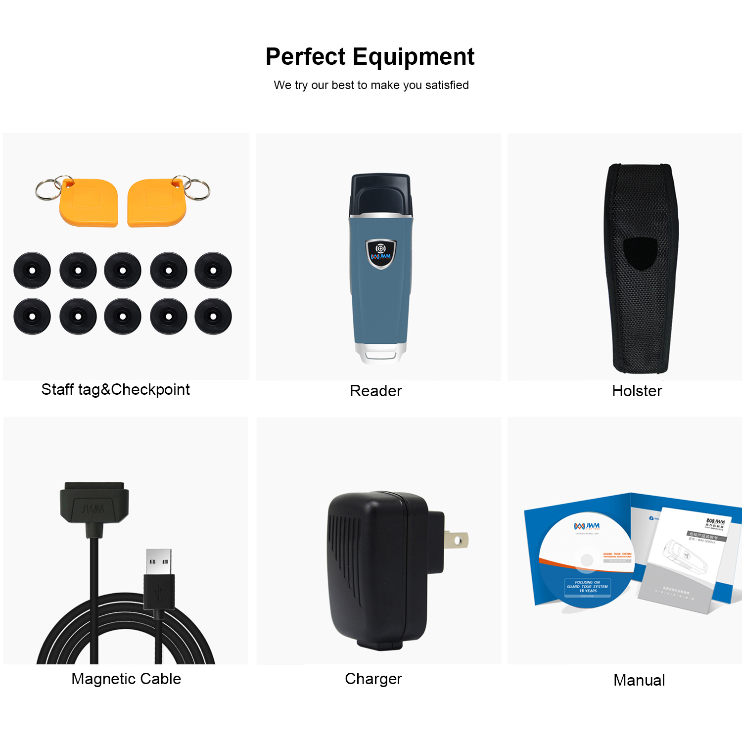 Full equipment set including reader, tags, holster, and accessories