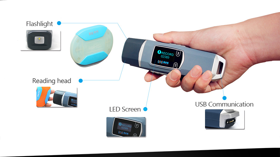 The patrol reader showing the LED screen, reading head, and USB communication port