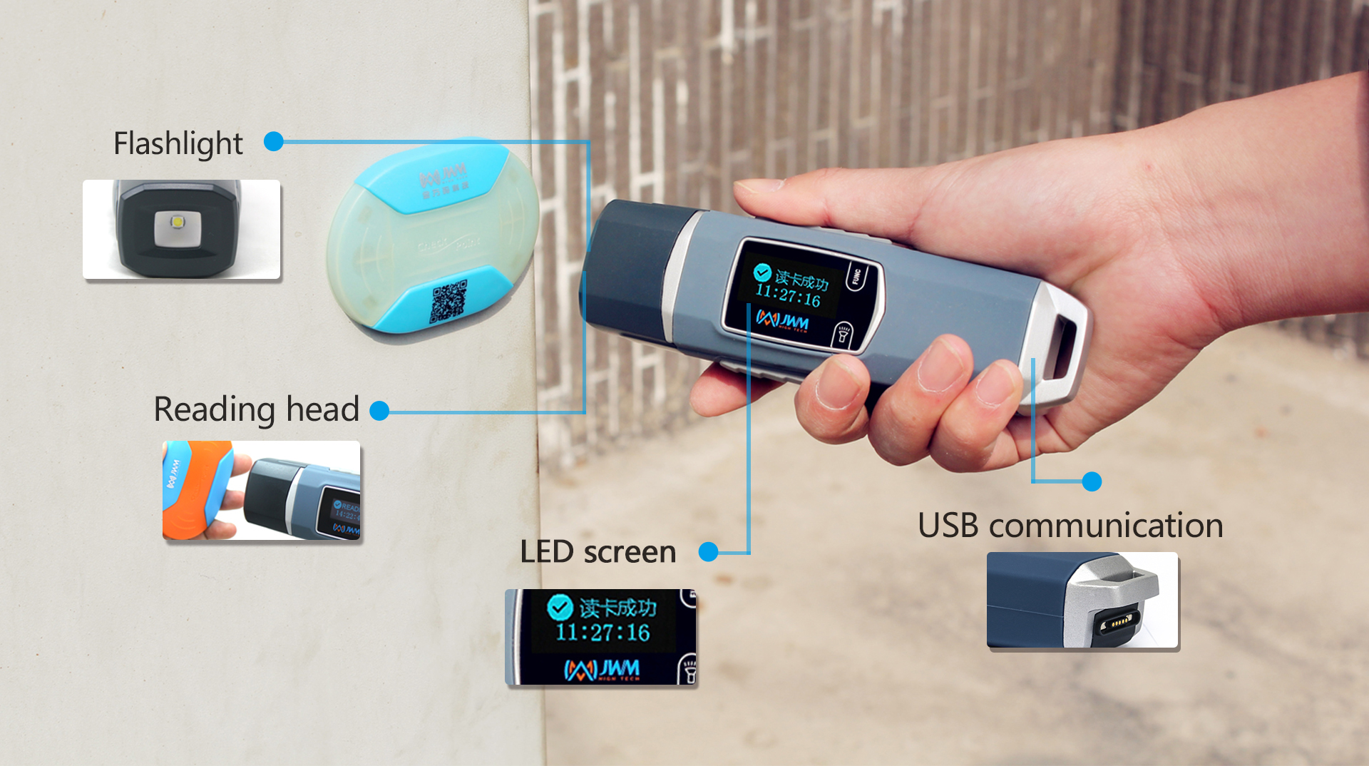The device in use, displaying a successful read on the LED screen with flashlight active