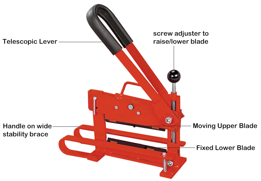 Diagram of the manual paver block splitter showing telescopic lever and blade adjustment features