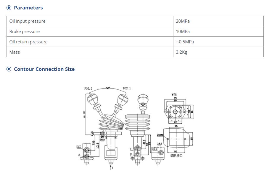 Technical diagram showing dimensions and pressure parameters for the reverse parking brake valve
