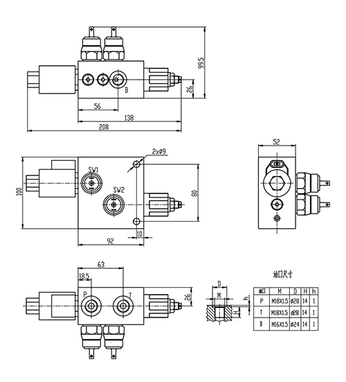 Technical drawing showing valve dimensions and port locations