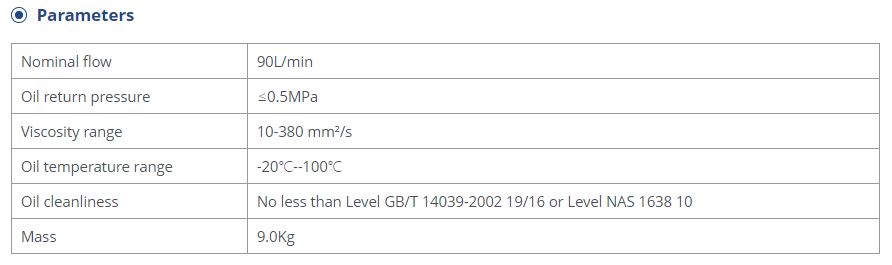 Technical parameters chart for the accumulator charging valve