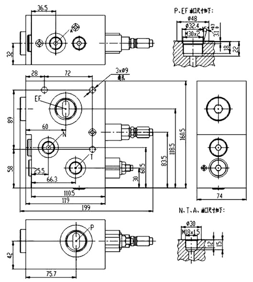 Technical dimension drawing of the hydraulic valve