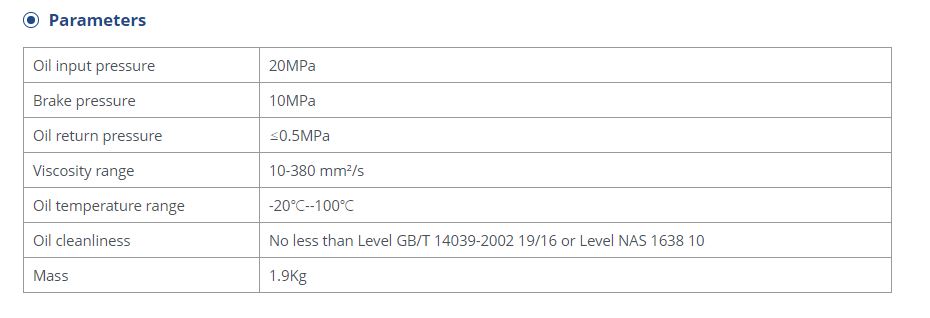 Table showing technical parameters for the hydraulic brake valve
