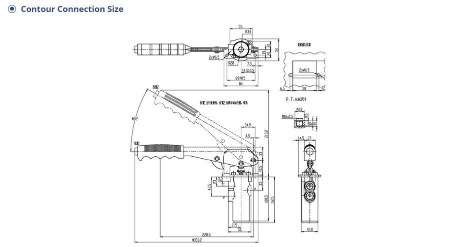 Technical drawing of the hand brake valve showing handle and mounting dimensions