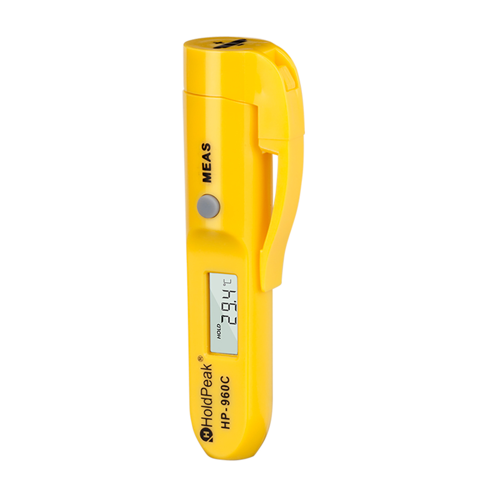 Pen-type infrared thermometer held in hand for measurement