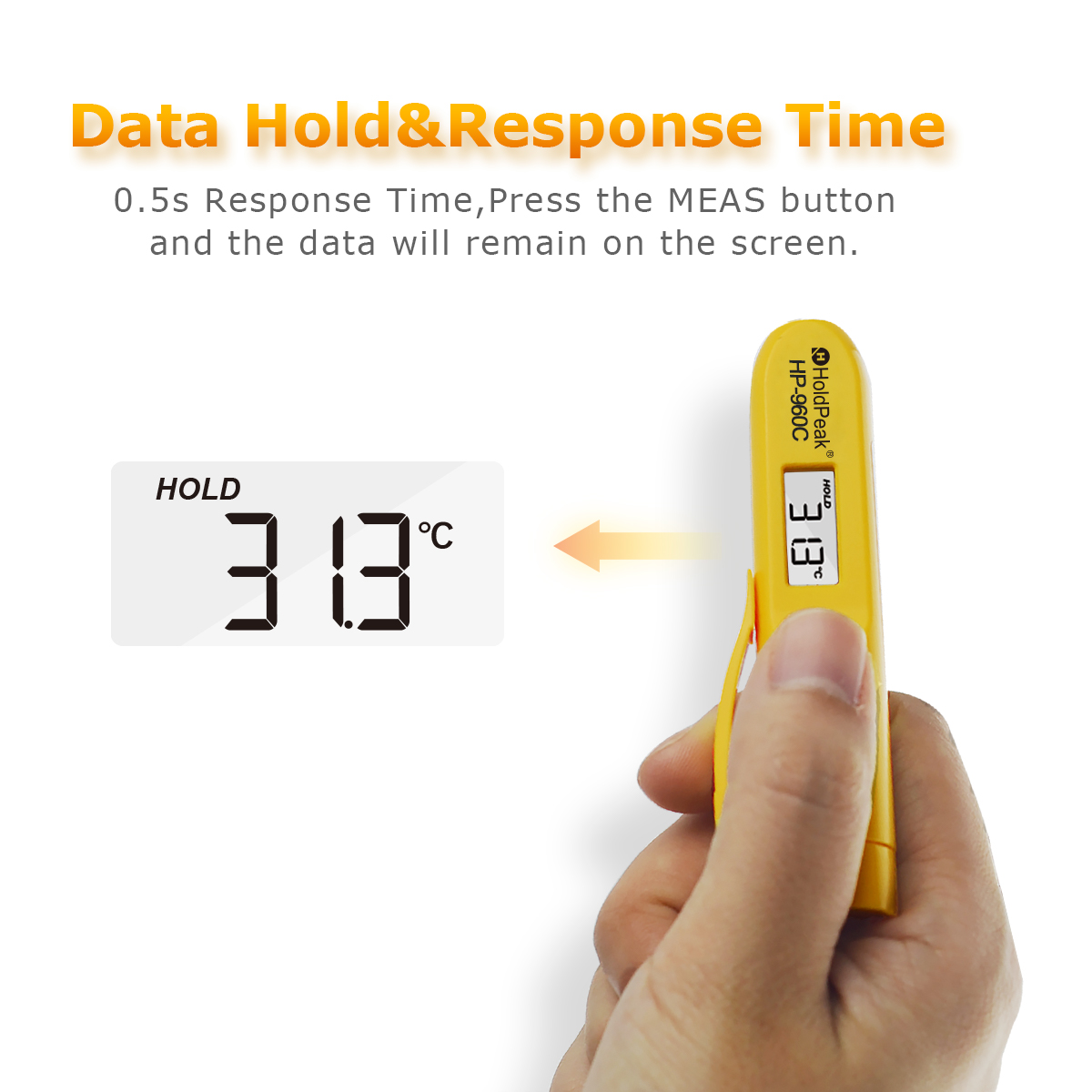 Infrared thermometer display showing data hold function