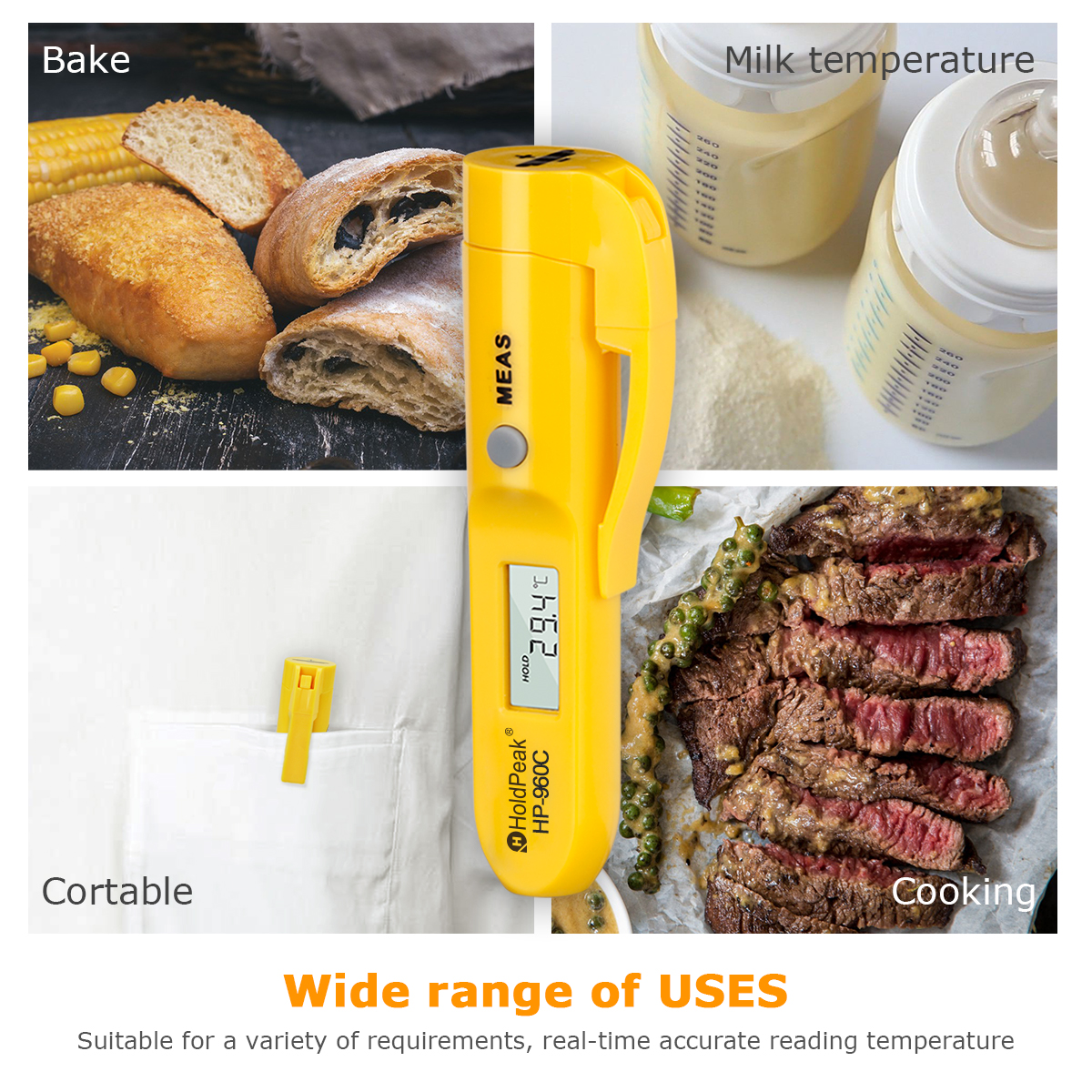 Thermometer being used to measure temperature of food items