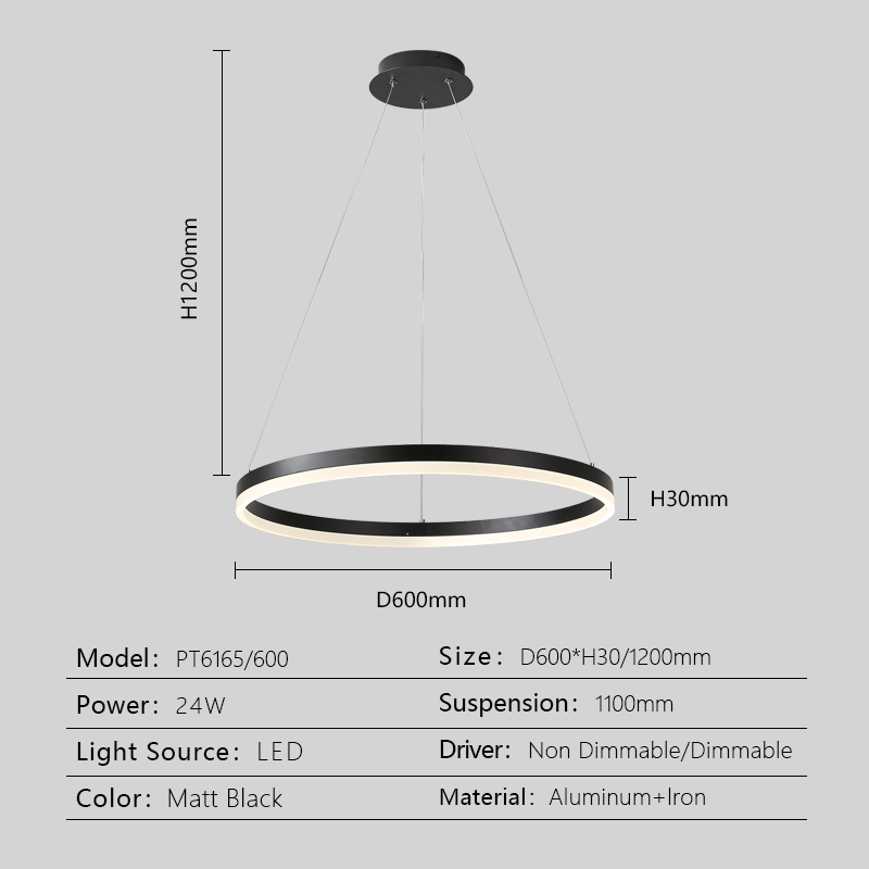 Technical diagram showing dimensions and specifications for the circular LED pendant light