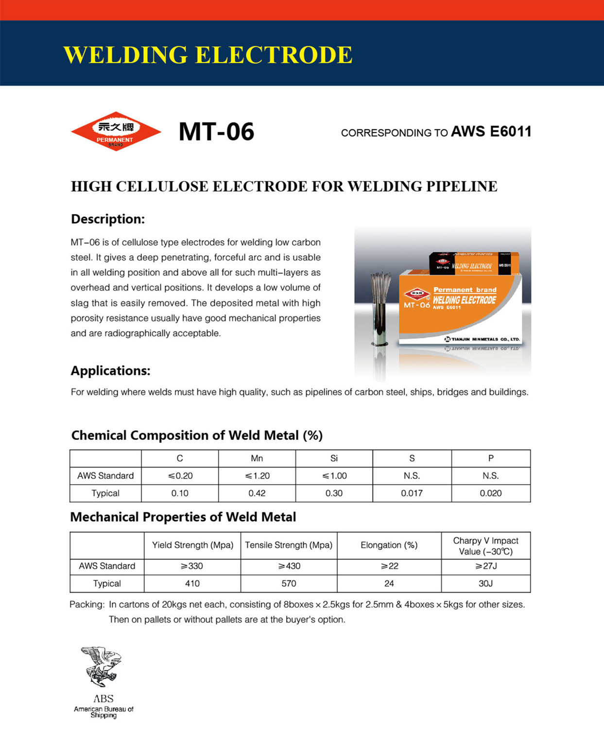 Technical specification sheet for MT-06 welding electrode