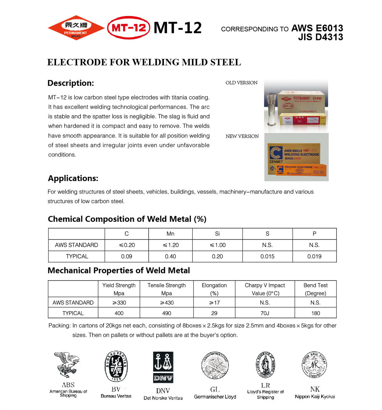 Welding electrode technical data sheet showing performance characteristics and chemical properties