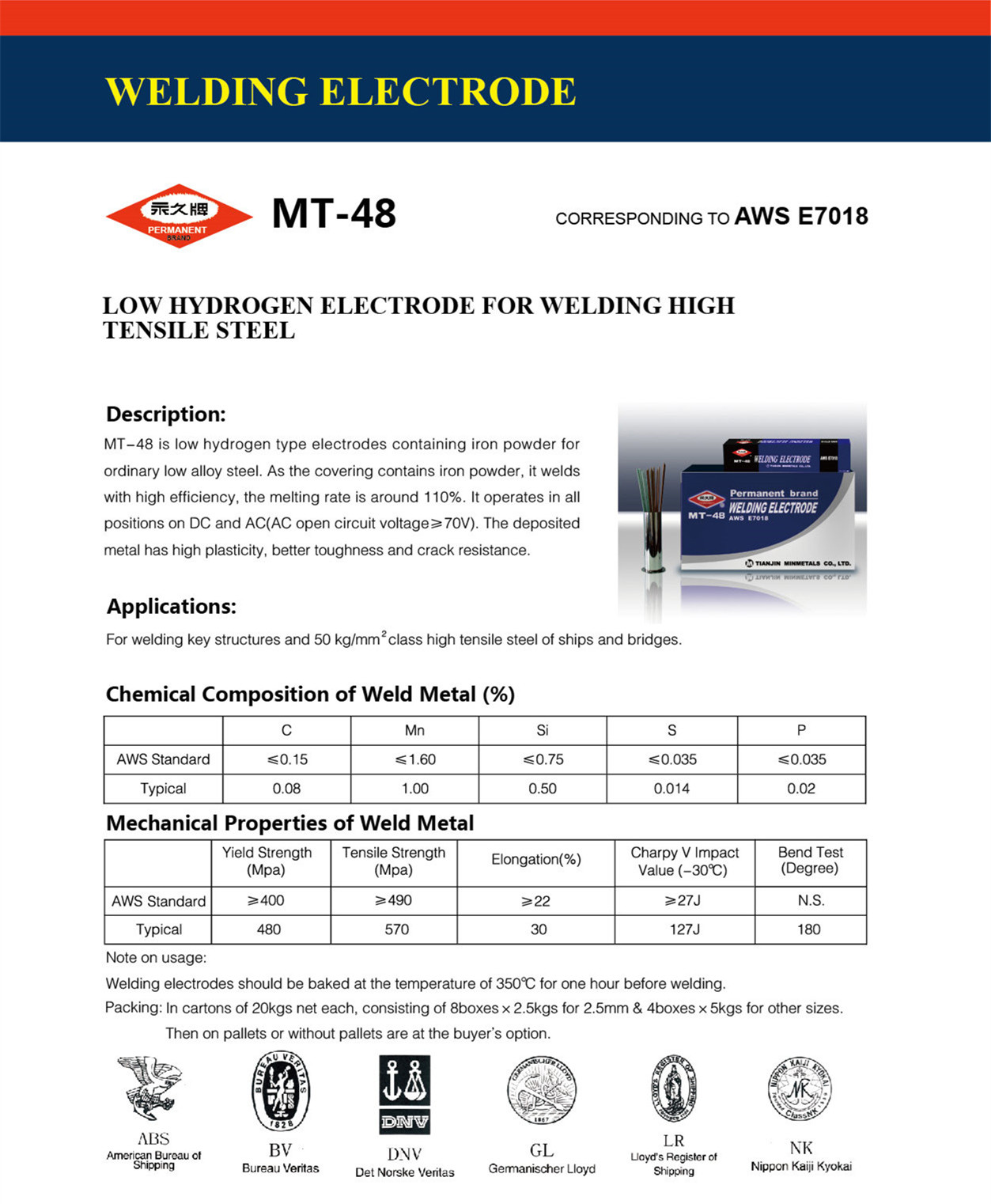 Technical data sheet for E7018 welding electrode showing chemical composition and mechanical properties