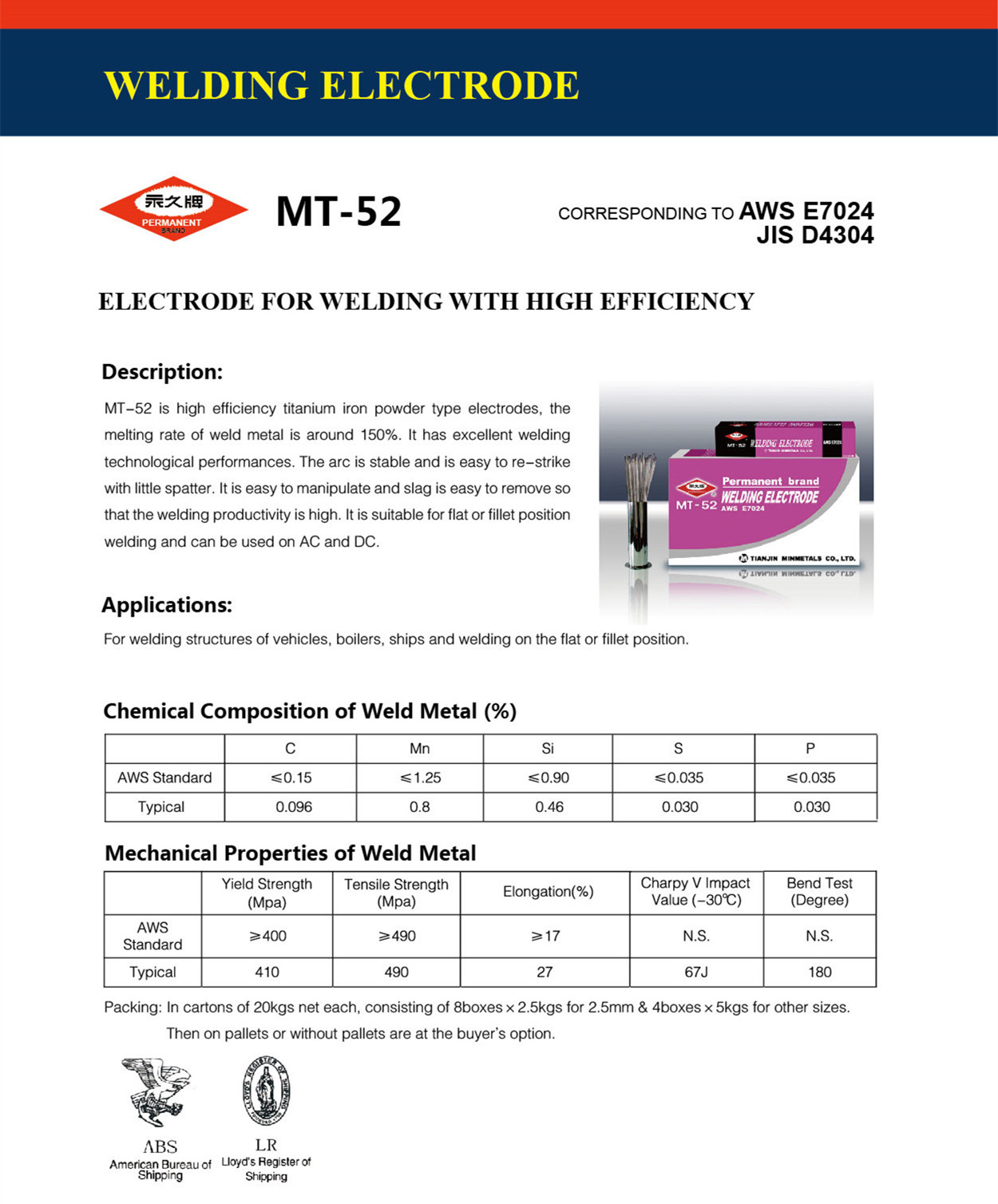 Technical data sheet for MT-52 welding electrode showing chemical composition and mechanical properties