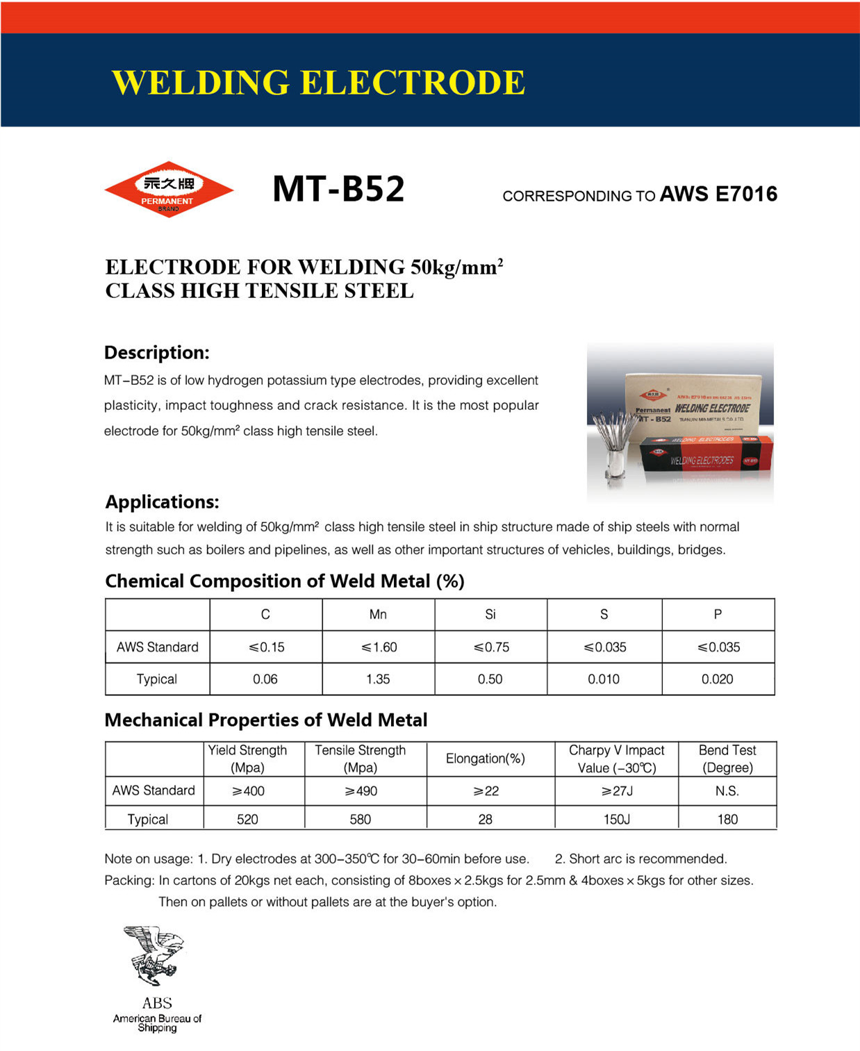 Close up of welding electrode packaging and technical specifications