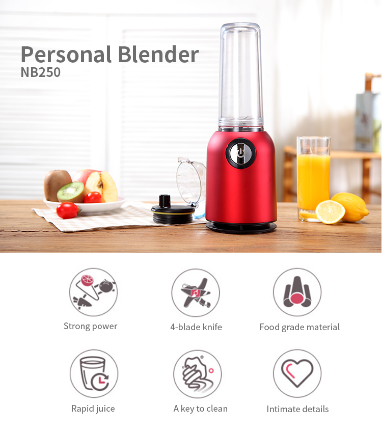 Personal blender highlighting the 4-blade system and rapid juice extraction
