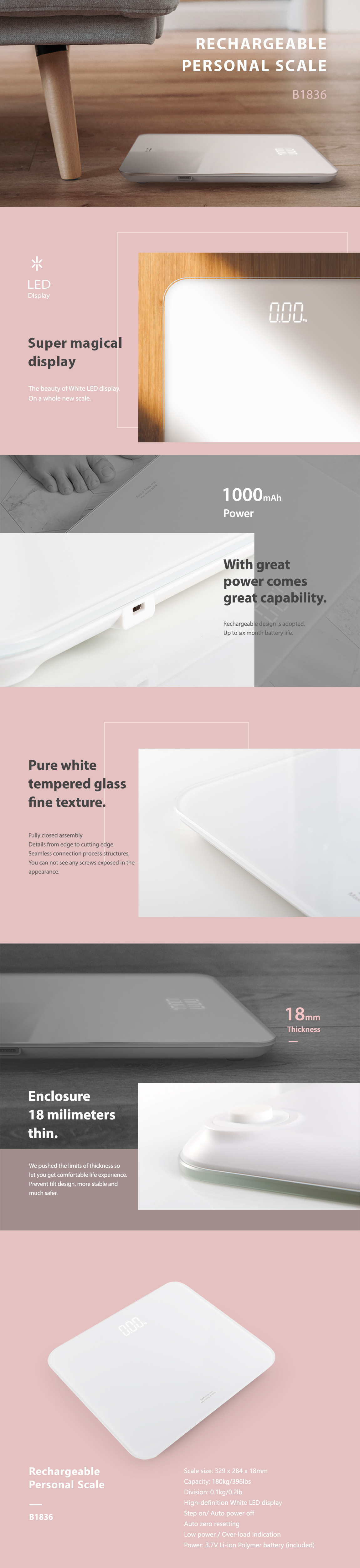 Digital bathroom scale infographic showing design and technical features