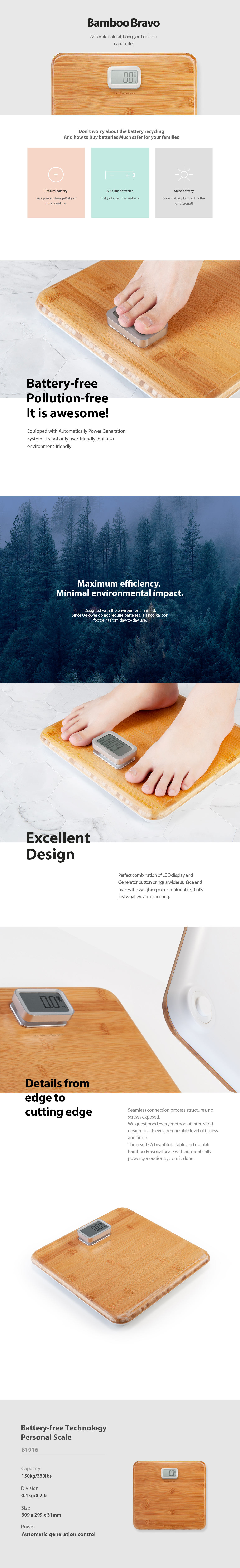Battery-free digital scale showing technical specifications and bamboo design