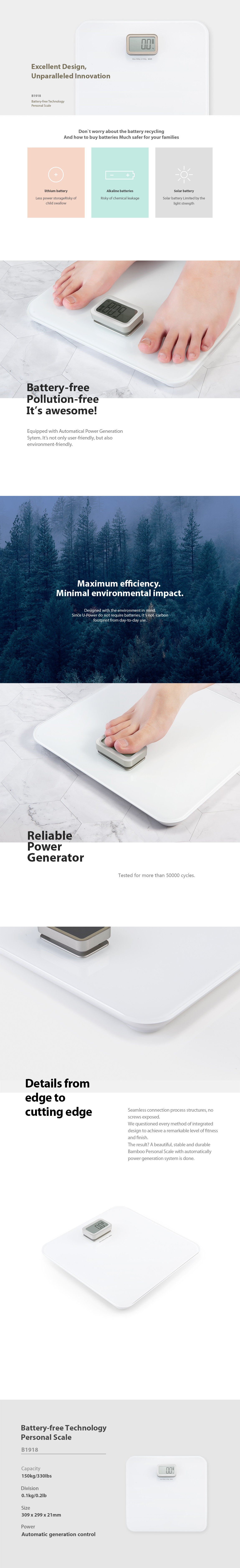 Infographic showing the battery-free automatic power generation system and product dimensions.