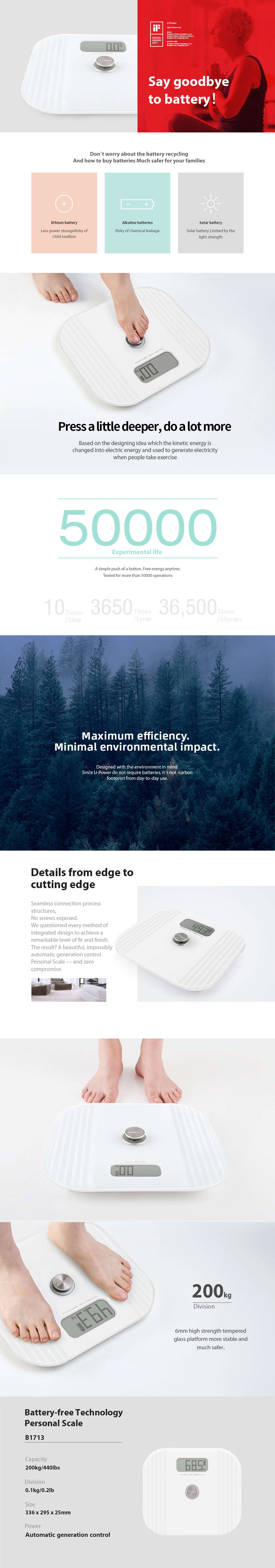 Infographic showing the battery-free kinetic energy mechanism and durable glass platform