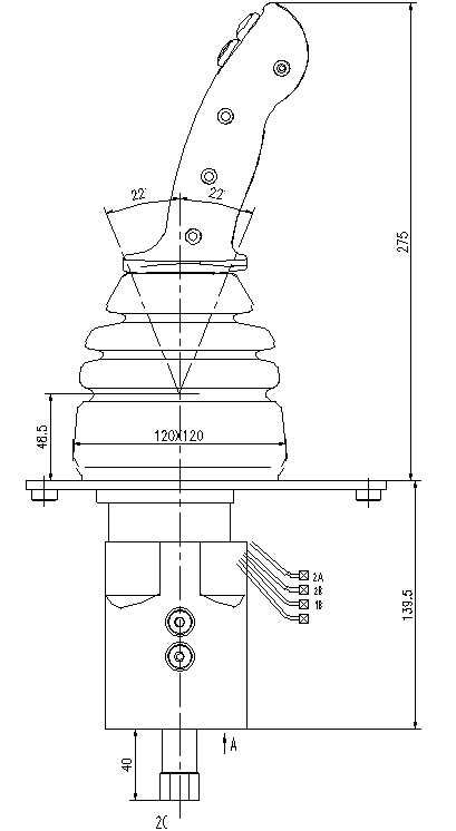 Technical drawing showing dimensions of the hydraulic pilot control valve