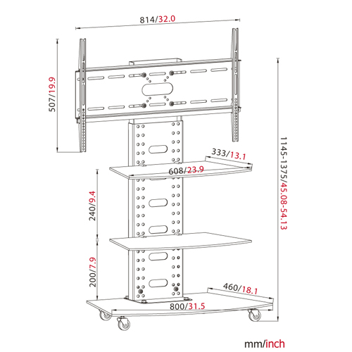 Adjustable Height TV Stand with Tempered Glass Shelves